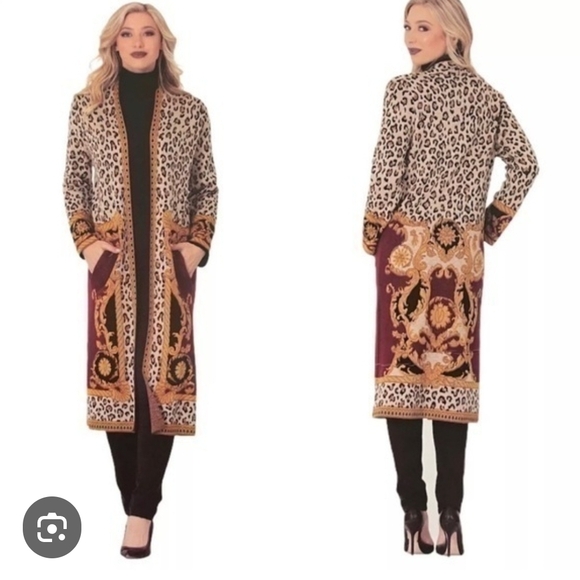 Max Sport Sweaters - Max Sport Elegant Leopard Print Cardigan with Burgundy and Gold Details  Large